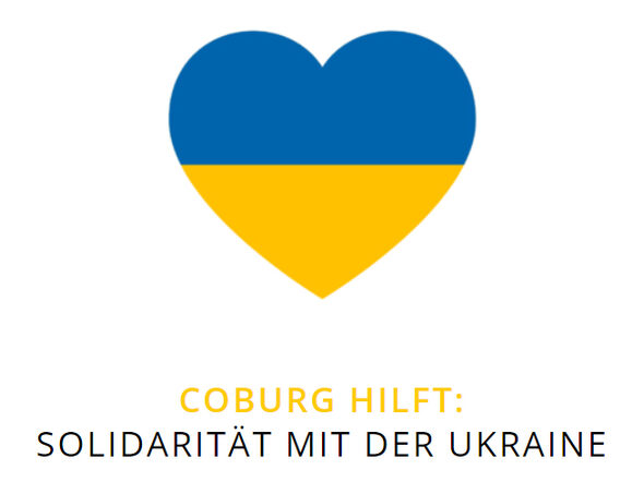 Blau-gelbes Herz, darunter der Schriftzug: Coburg hilft: Solidarität mit der Ukraine