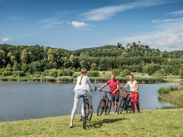 Eine Gruppe von drei Radfahrenden auf einer Wiese am Goldbergsee