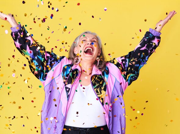 Senior,Woman,,Confetti,And,Celebration,In,Studio,For,Happy,,Fun