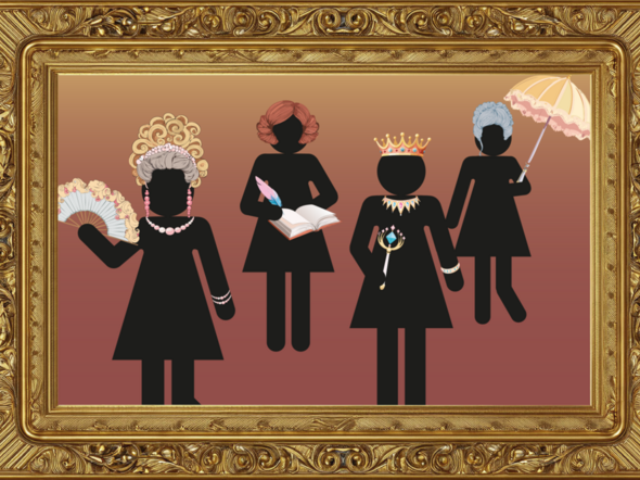 Schwarze Piktogrammfrauen mit historischen Utensilien in Barockrahmen