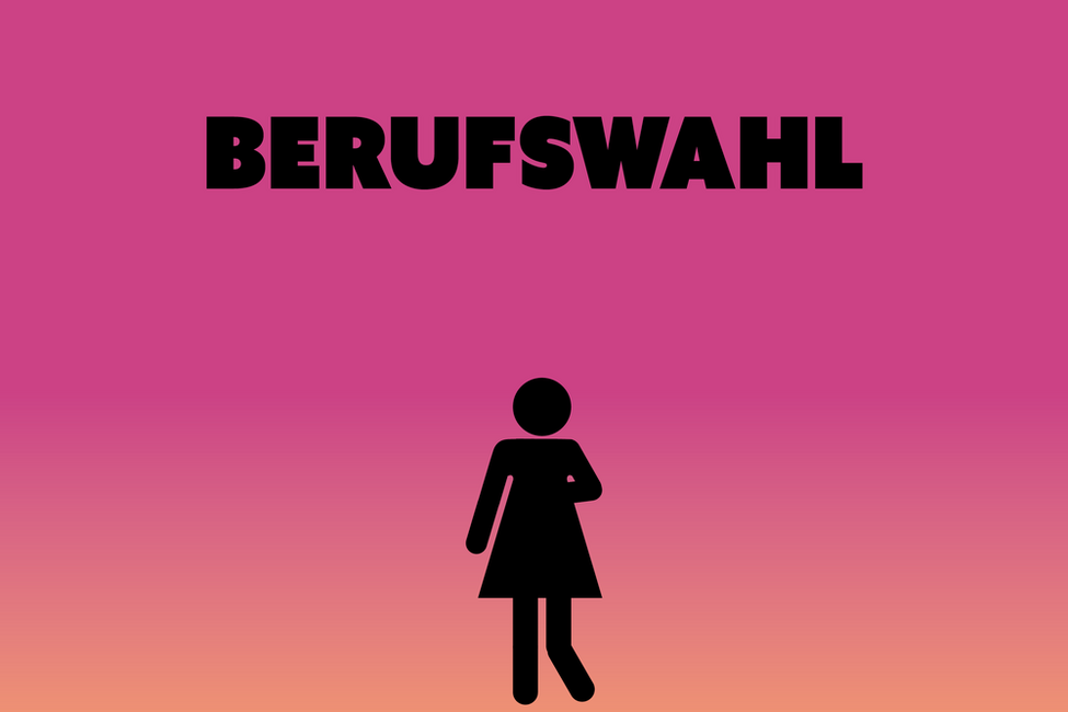Schriftzug Berufswahl und schwarze Piktogrammfrau auf finkfarbenem Untergrund