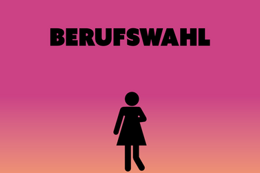 Schriftzug Berufswahl und schwarze Piktogrammfrau auf finkfarbenem Untergrund