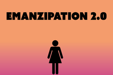 Schriftzug Emanzipation 2.0 und schwarze Piktogrammfrau auf orangefarbenem Untergrund
