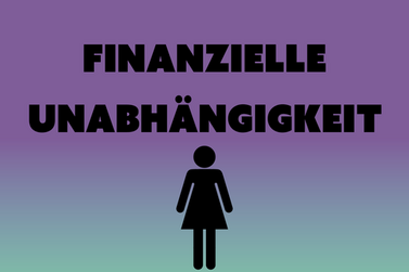 Schriftzug finanzielle Unabhängigkeit und schwarze Piktogrammfrau auf lilafarbenem Untergrund