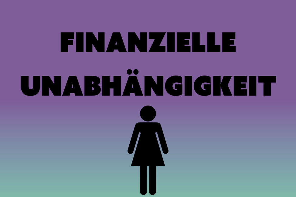 Schriftzug finanzielle Unabhängigkeit und schwarze Piktogrammfrau auf lilafarbenem Untergrund