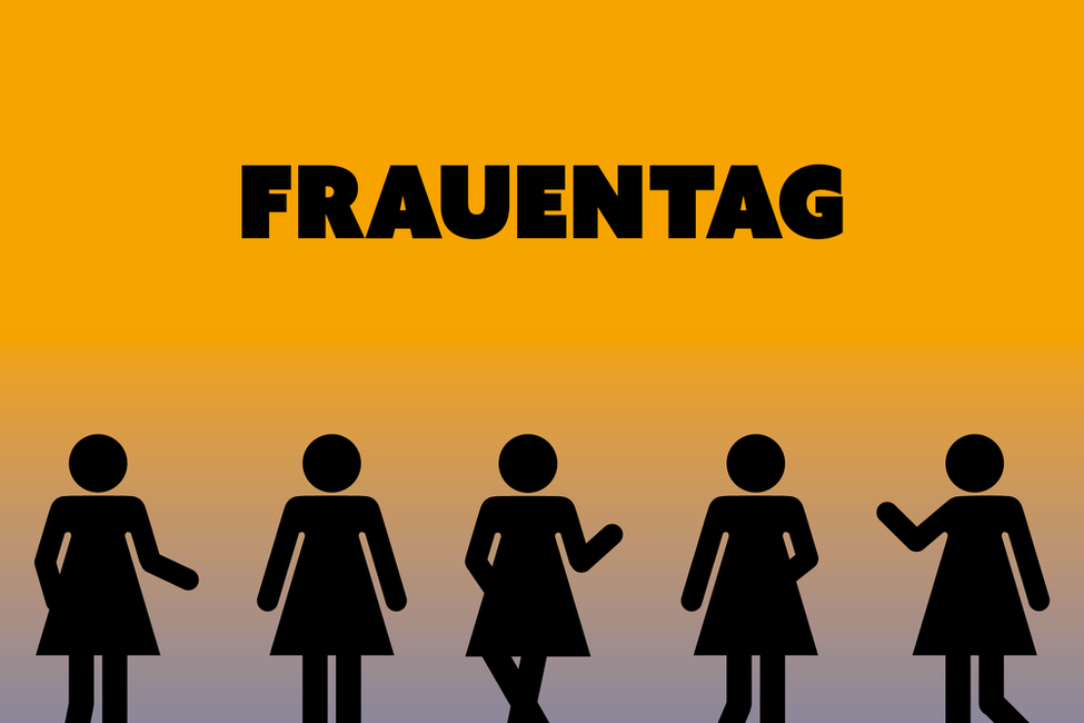 Schriftzug Frauentag und mehrere schwarze Piktogrammfrauen auf gelbem Untergrund