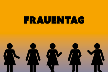 Schriftzug Frauentag und mehrere schwarze Piktogrammfrauen auf gelbem Untergrund