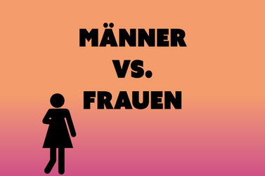 Schriftzug Männer versus Frauen und schwarze Pitkogrammfrau auf orangefarbenem Untergrund