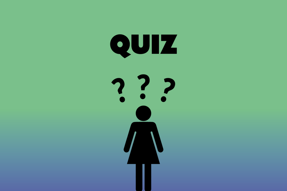 Schriftzug Quiz und scharze Piktogrammfrau mit drei Fragezeichen auf grünem Untergrund