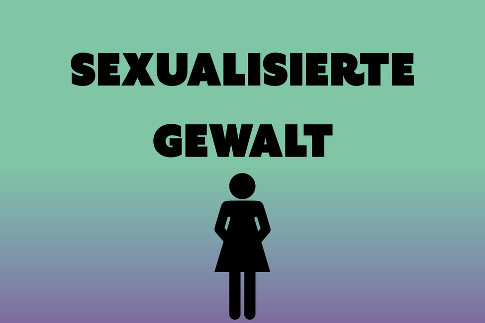 Schriftzug sexualisierte Gewalt und schwarze Piktogrammfrau auf grünem Untergrund