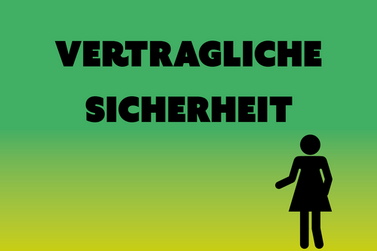 Schriftzug vertragliche Sicherheit und schwarze Piktogrammfrau auf grünem Untergrund