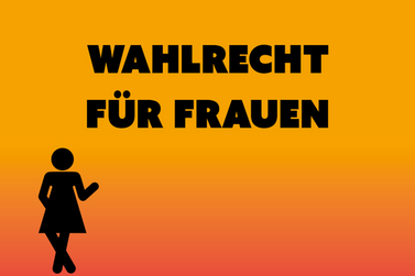 Schriftzug Wahlrecht für Frauen und schwarze Piktogrammfrau auf gelbem Untergrund