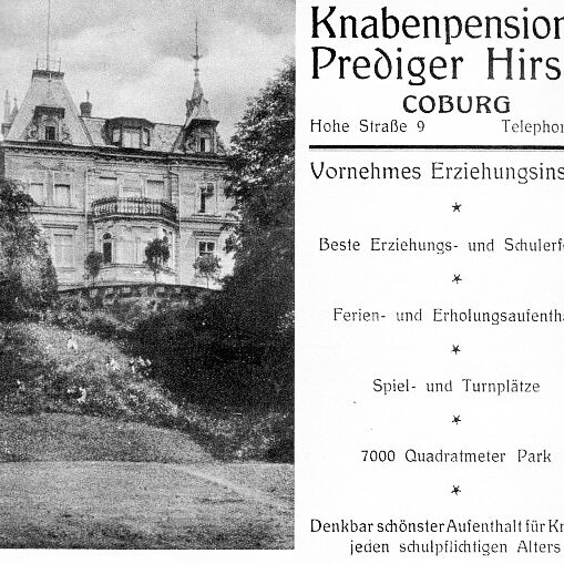 Werbeanzeige des Knabenpensionats Hirsch in der Hohen Straße