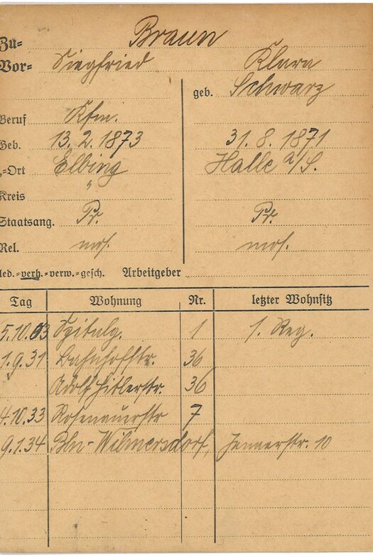 Meldekarte von Siegfried und Klara Braun