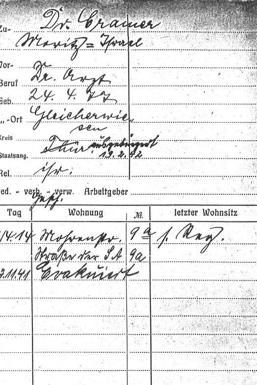 Einwohnermeldekarte von Dr. Moritz Cramer