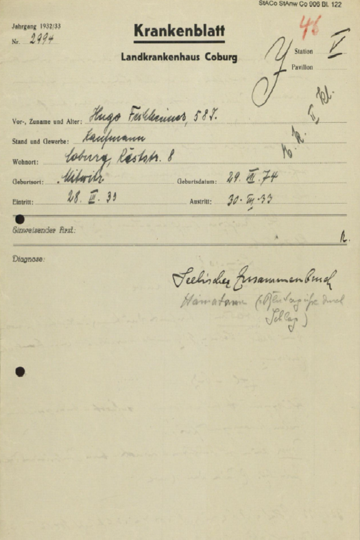 Krankenblatt von Hugo Fechheimer