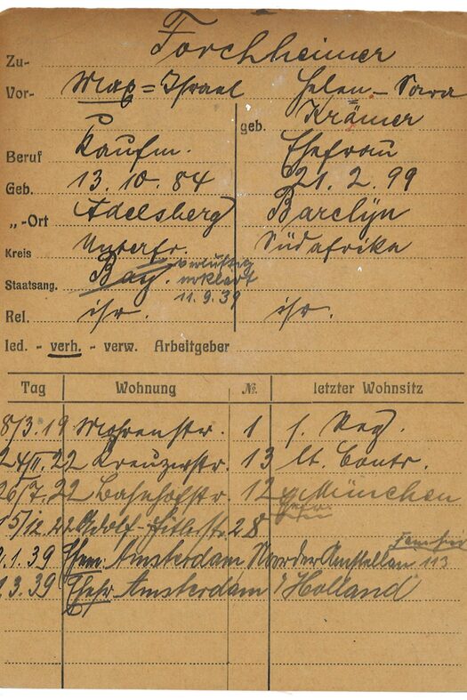 Meldekarte von Max und Helen Forchheimer