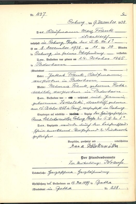 Todesbucheintrag von Max Frank