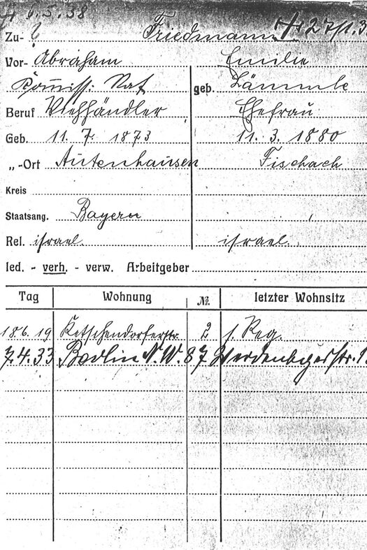 Einwohnermeldekarte des Ehepaars Friedmann