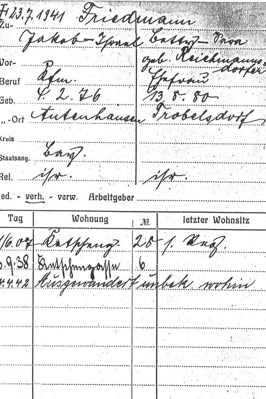 Meldekarte von Jakob und Betty Friedmann
