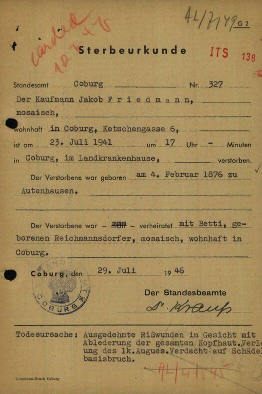 Sterbeurkunde von Jakob Friedmann