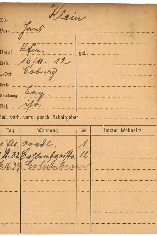 Einwohnermeldekarte von Hans Klein