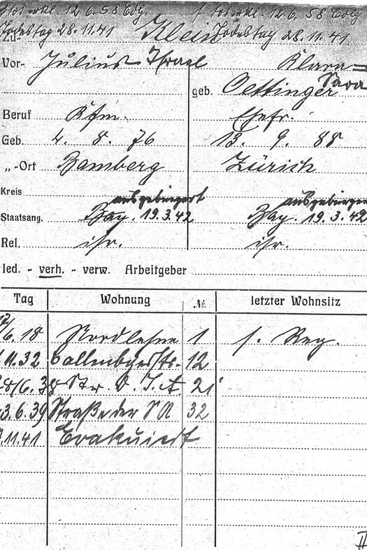 Meldekarte des Ehepaars Julius und Klara Klein