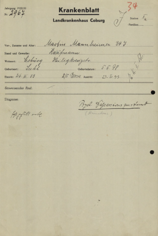 Krankenblatt von Martin Mannheimer nach seiner Misshandlung 1933