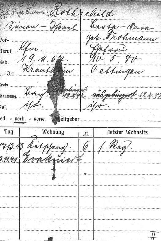 Meldekarte von Simon und Berta Rothschild