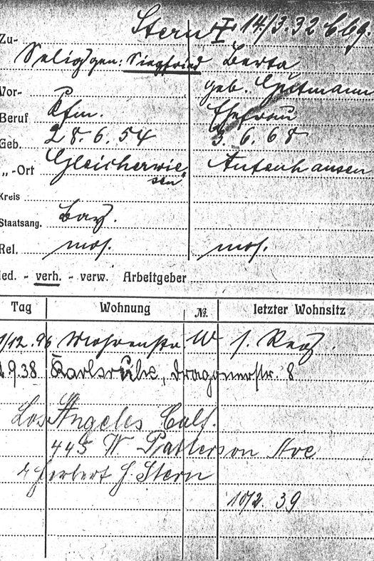 Meldekarte von Selig Siegfried und Berta Stern