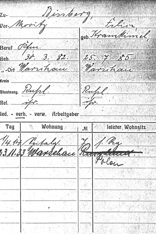 Meldekarte von Moritz und Felice Bissberg